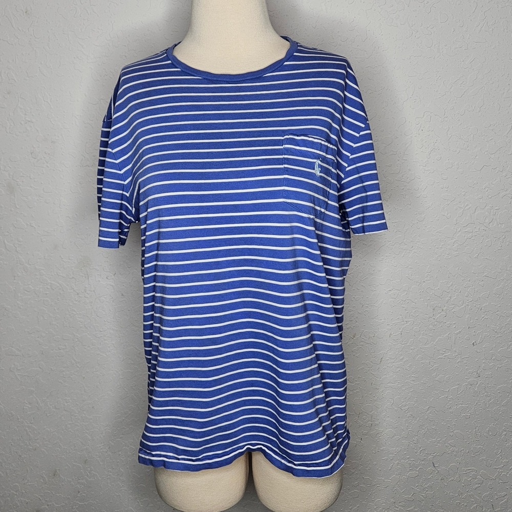 Polo Ralph Lauren Blue White Striped Pocket T Shirt Women's Medium Short Sleeve